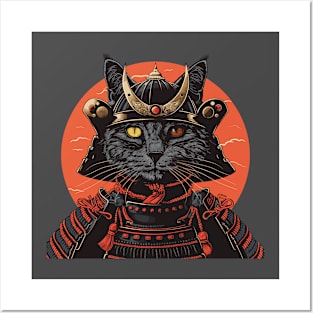 Retro Sunset Samurai Cat Katana Japanese Cat Art Posters and Art